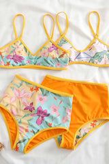 Orange Floral & Island Print V-Neck Reversible High-Waist Bikini Set