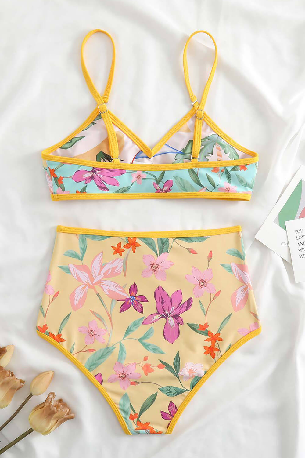 Orange Floral & Island Print V-Neck Reversible High-Waist Bikini Set