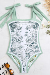 Spring Green Floral Print Reversible Tie-Shoulder One Piece Swimsuit