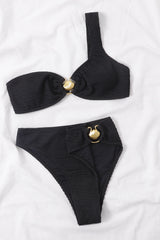 Crinkle One Shoulder High Waisted Bikini Set With Gold Shell Detail - Black