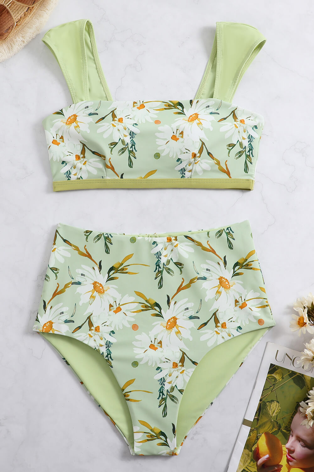 Spring Floral Square-Neck High Waisted Bikini Set