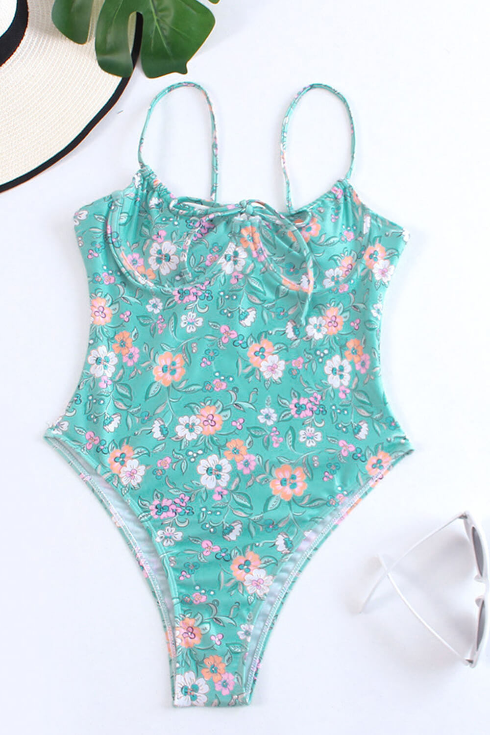 Blossom Tie Front Underwire One Piece Swimsuit - Aqua