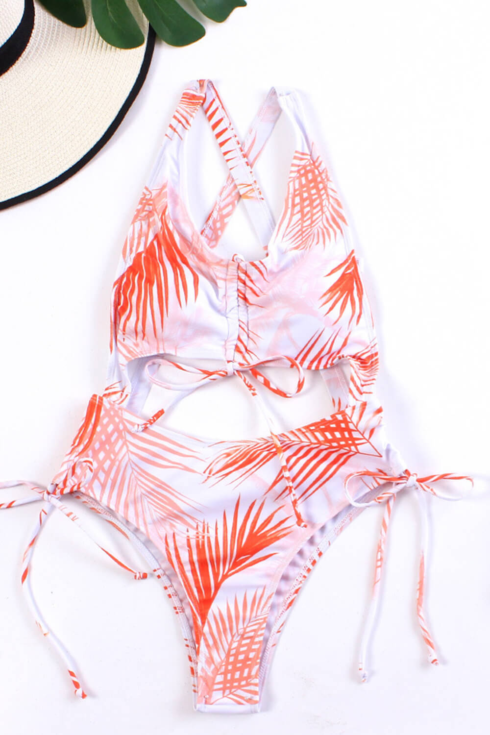 Coral Palm Print Ruched Tie Front Key Hole Cut-Out Cross Back One Piece Swimsuit