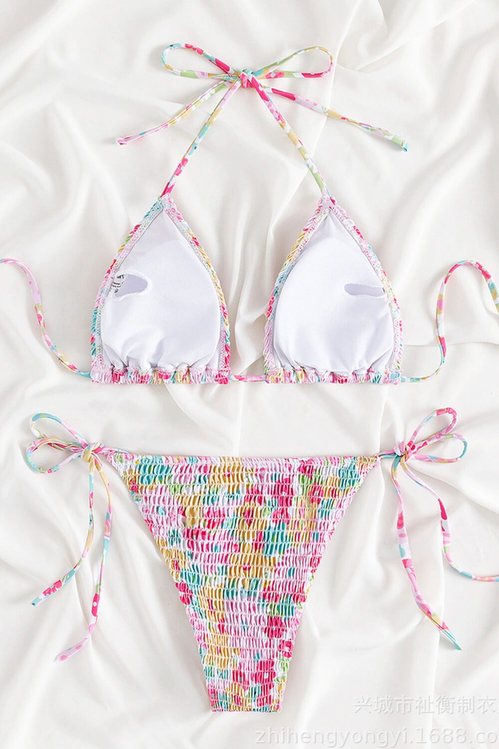 Flower Print Crinkle Triangle Halter Tie Side Bikini Set