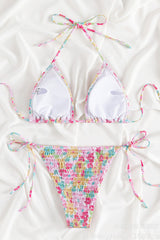 Flower Print Crinkle Triangle Halter Tie Side Bikini Set