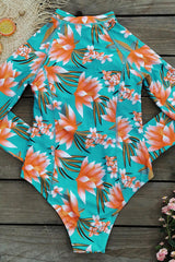 Tropical Palm Print Zipper Front Long Sleeve One Piece Swimsuit
