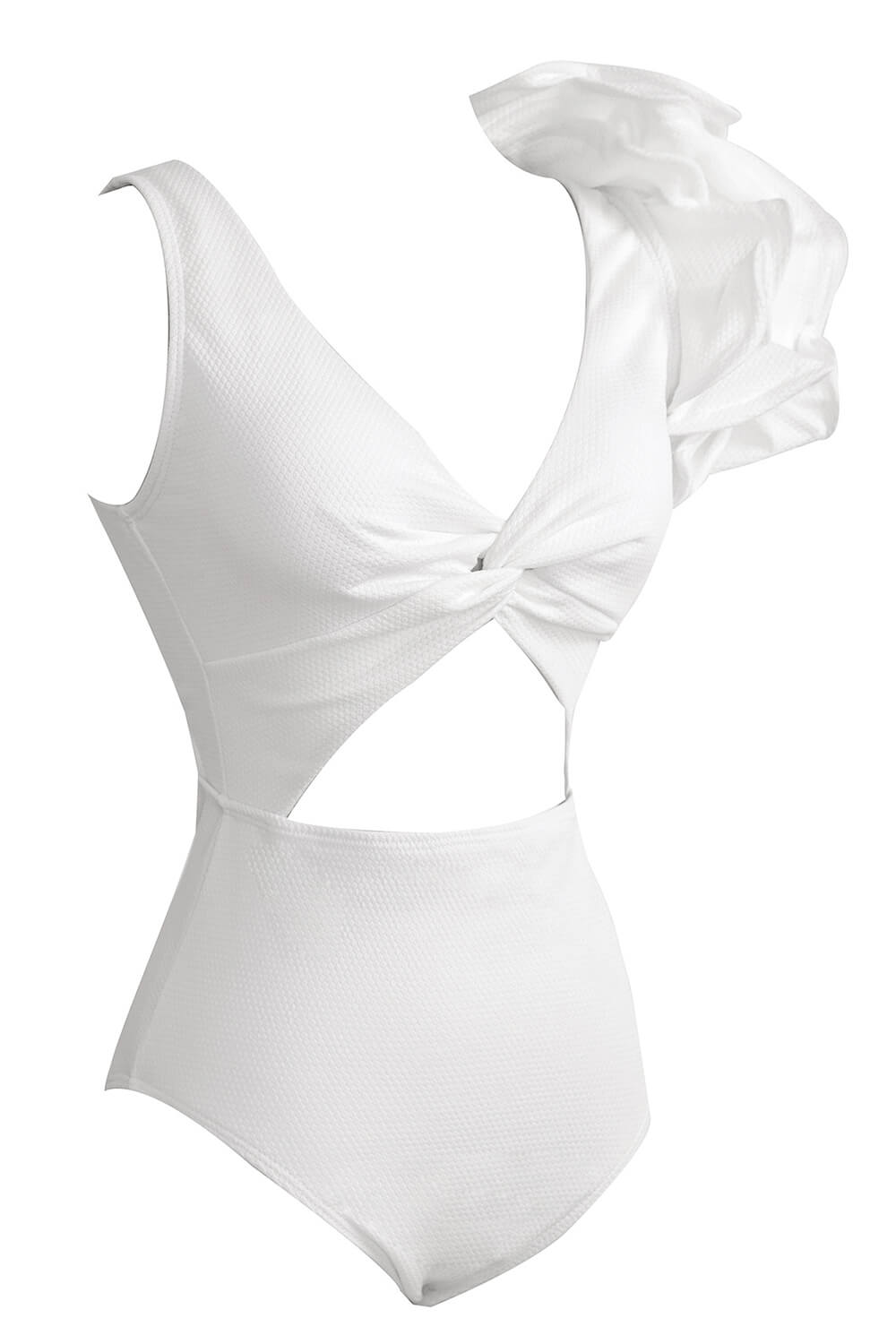 White Textured Ruffled Twisted Cut-Out One-Piece Swimsuit