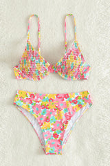 Flower Print Crinkle Balconette Underwire High Waisted Bikini Set