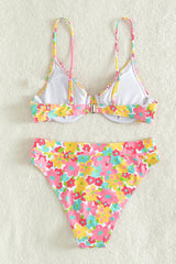 Flower Print Crinkle Balconette Underwire High Waisted Bikini Set