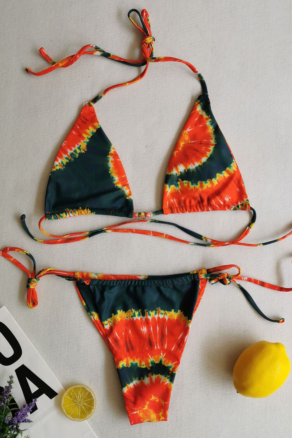 Halter Triangle Tie Side Bikini Set With Ring Detailing - Rasta