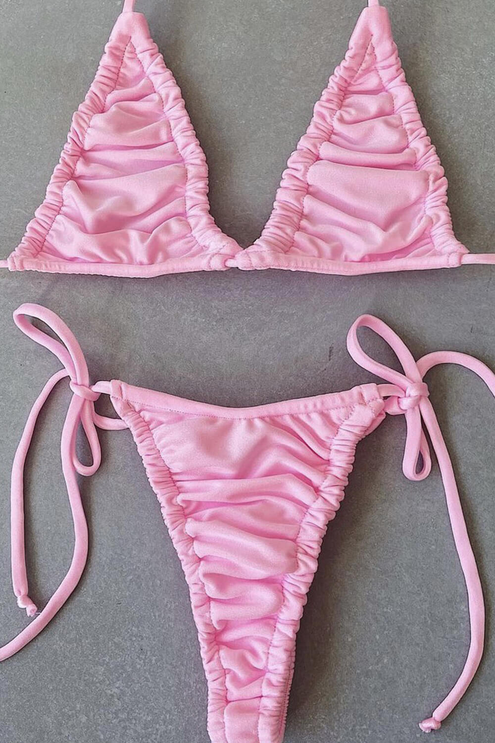 Ruched Triangle Halter String Tie Side Bikini Set