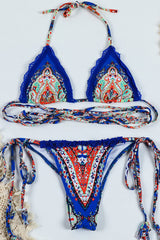 Royal Blue Print Triangle Wrap Tie Bikini Set With Frill Detailing