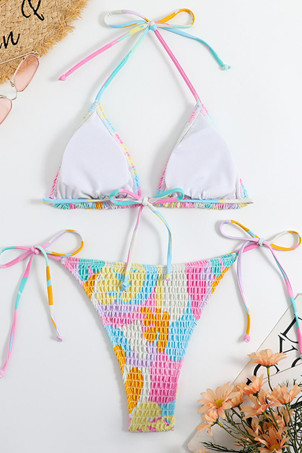 Cannes Print Crinkle Triangle Halter Tie Side Bikini Set