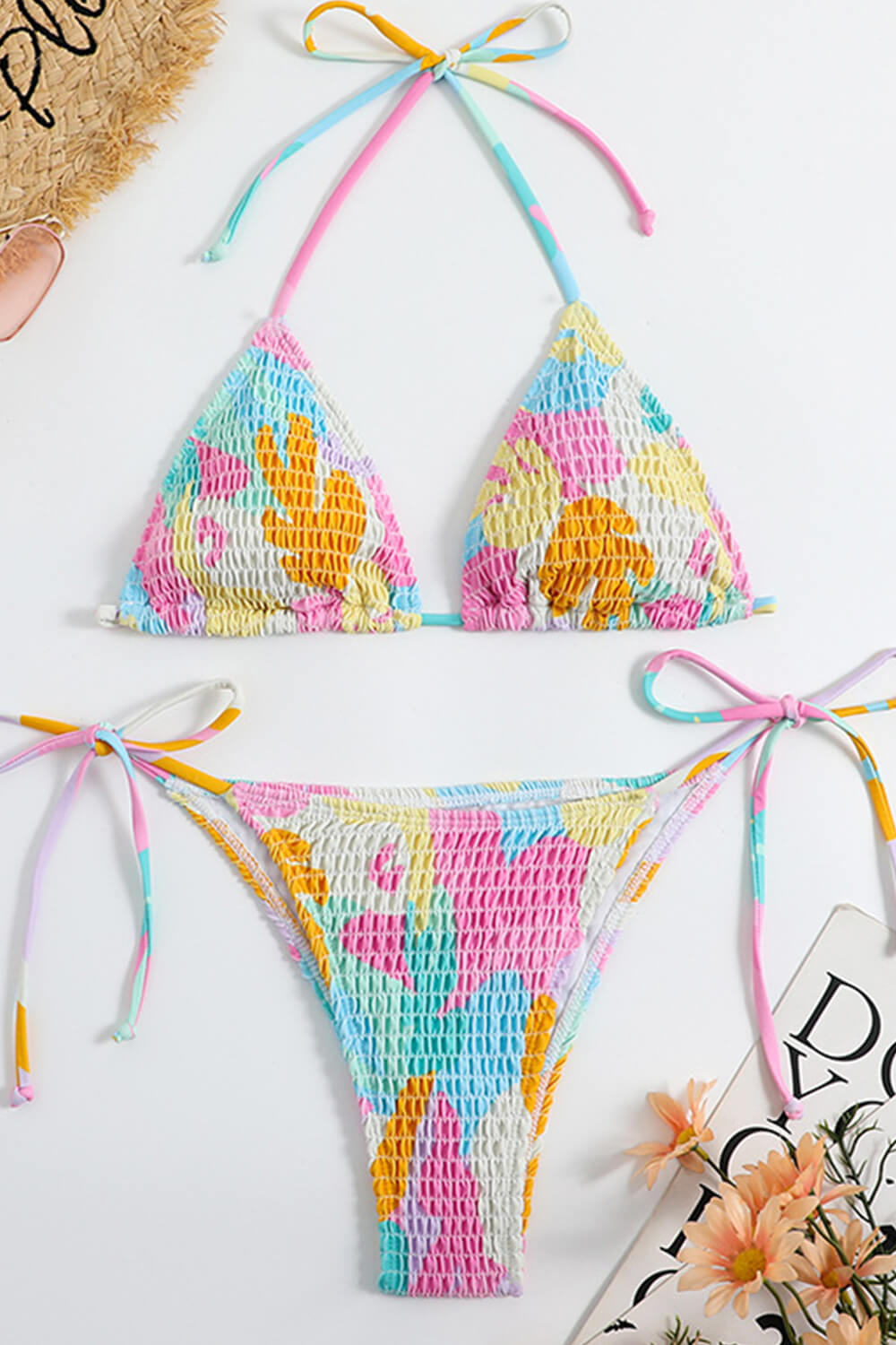 Cannes Print Crinkle Triangle Halter Tie Side Bikini Set