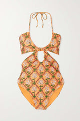 Floral Printed Cutouts Halter One Piece Swimsuit - Orange