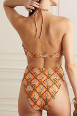 Floral Printed Cutouts Halter One Piece Swimsuit - Orange