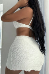 White Textured V-Wire Balconette High-Cut Bikini Set With Short Beach Skirt