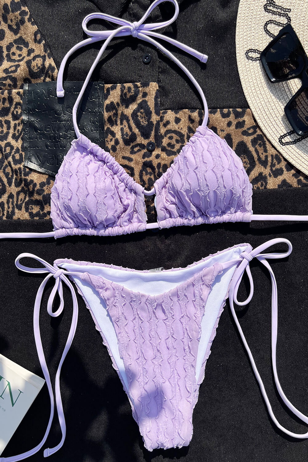 Lilac Textured Cut-Out Halter Tie Side Bikini Set