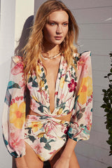 Floral Printed Cut-Out Plunge Tulle Long Sleeve One-Piece Swimsuit
