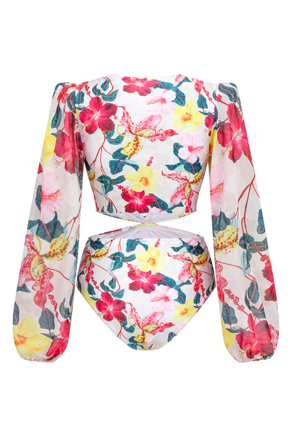 Floral Printed Cut-Out Plunge Tulle Long Sleeve One-Piece Swimsuit