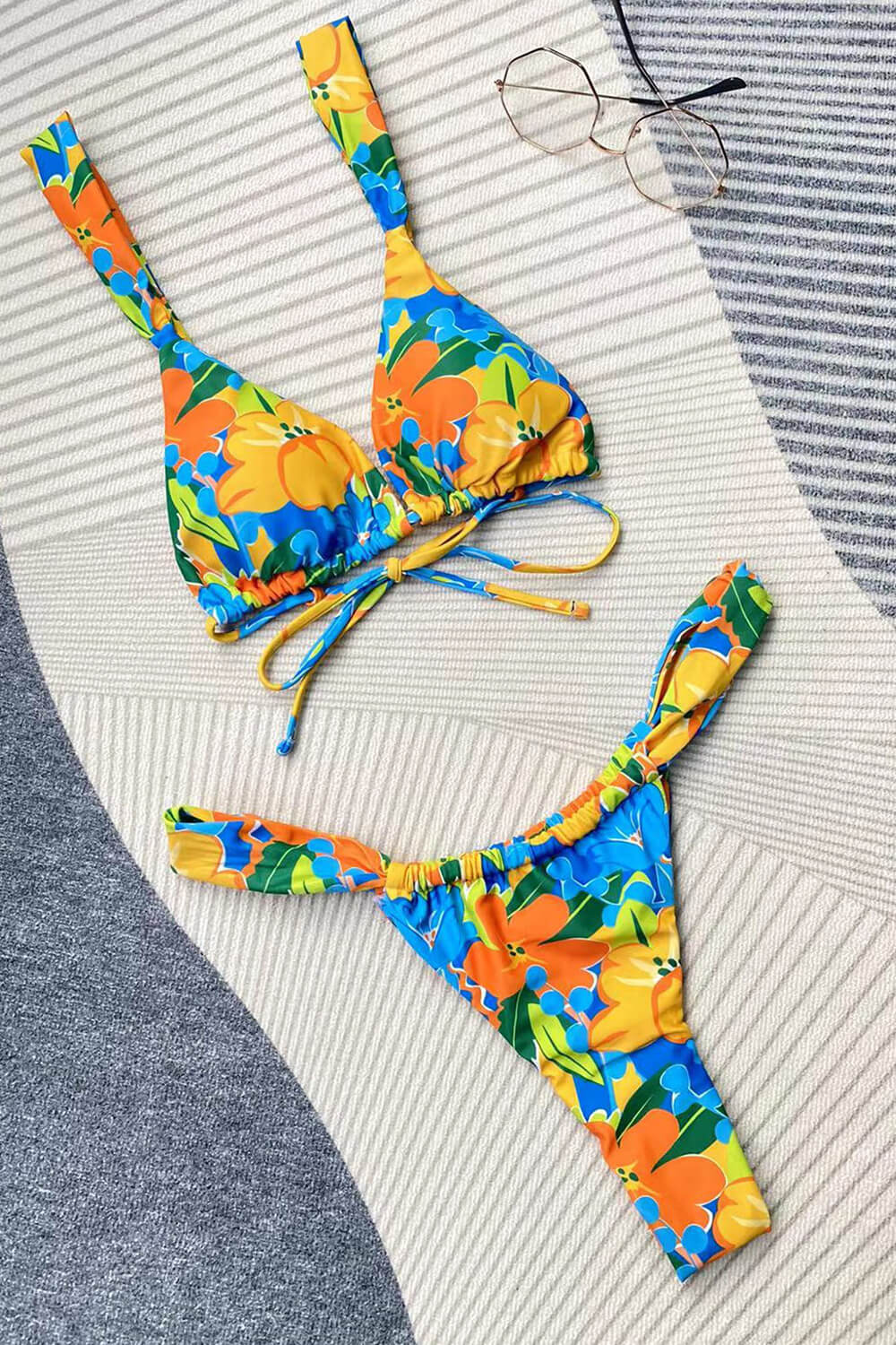 Floral Printed Triangle Tie Back Bikini Set Zreei Floral Printed Triangle Tie Back Bikini Set Zreei