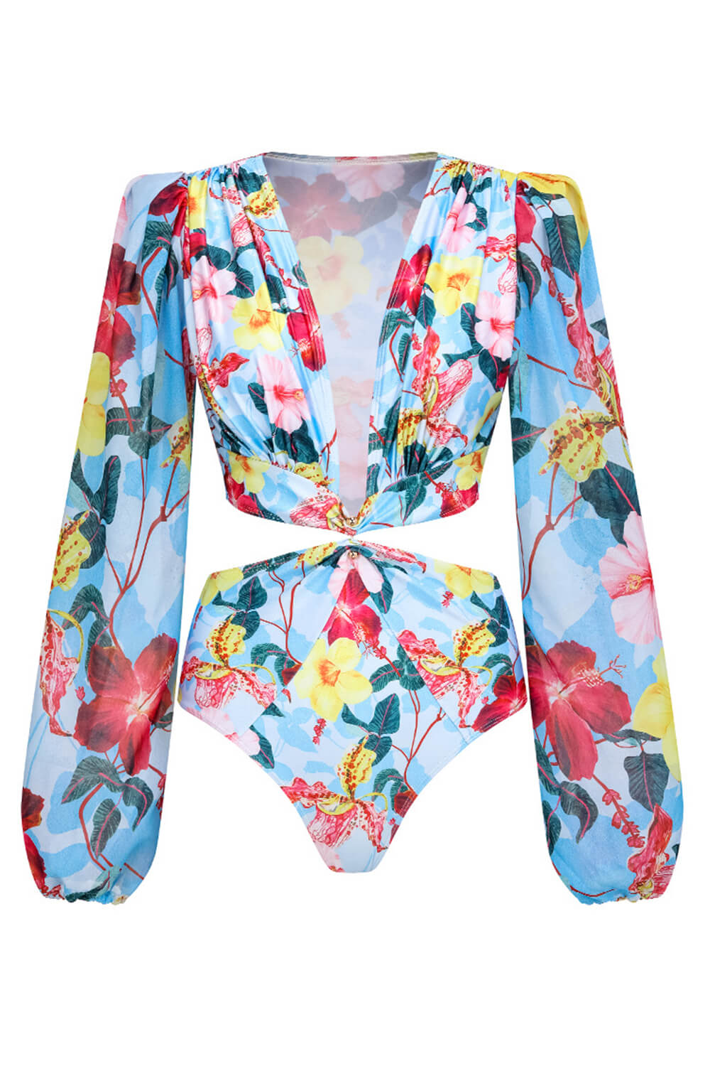 Blue Floral Printed Cut-Out Plunge Tulle Long Sleeve One-Piece Swimsuit