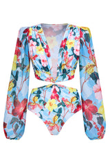 Blue Floral Printed Cut-Out Plunge Tulle Long Sleeve One-Piece Swimsuit