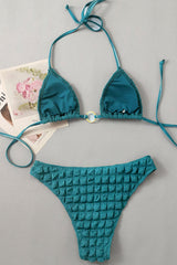 Terry Towel Ring Halter Triangle High-Cut Bikini Set With Lace Up Sarong Mini Skirt