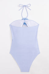 Rose Applique Halter Neck Cut-Out One Piece Swimsuit