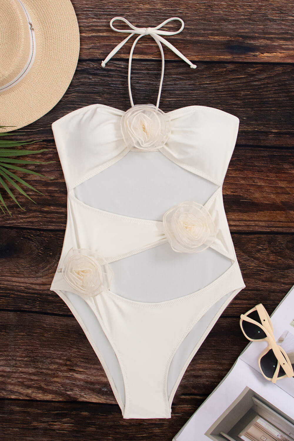 Rose Applique Halter Neck Cut-Out One Piece Swimsuit