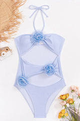 Rose Applique Halter Neck Cut-Out One Piece Swimsuit