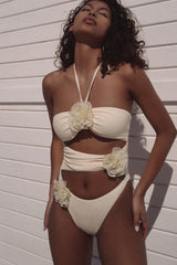 Rose Applique Halter Neck Cut-Out One Piece Swimsuit