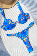 Azure Feather Print Wire V Bikini Set