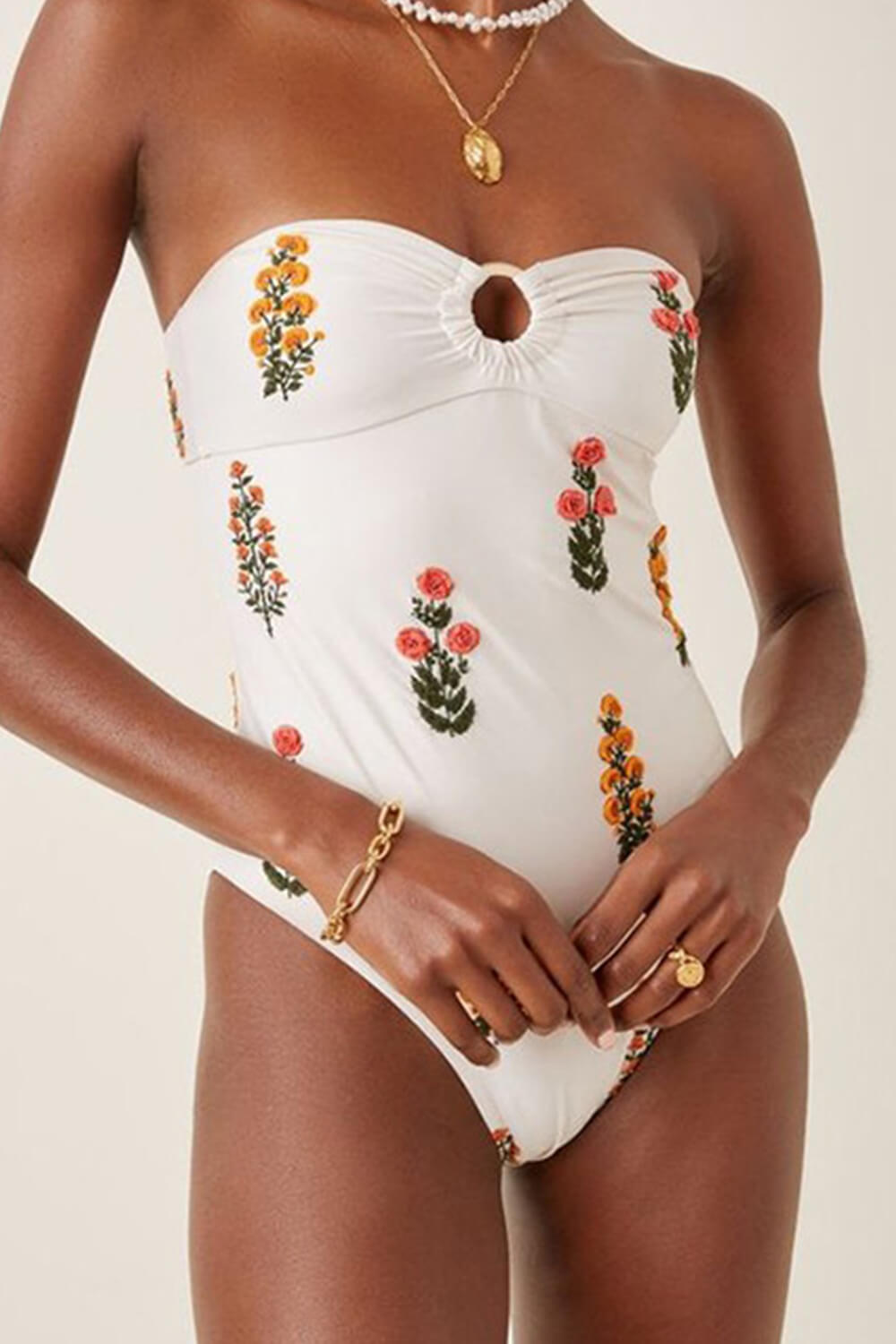 Floral-Embroidered Strapless One Piece Swimsuit With O-Ring Detailing