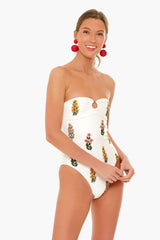 Floral-Embroidered Strapless One Piece Swimsuit With O-Ring Detailing