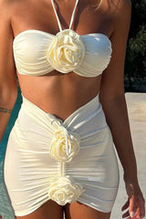 Ivory Rose Applique Bandeau Halterneck Strap High Leg Bikini Set With Gathered Mini Sarong Skirt