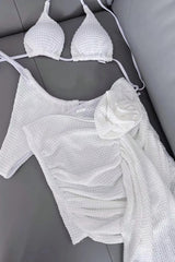 Crocheted Knit Triangle Halter Tie Side Bikini Set With Ruched Floral Mini Sarong Skirt