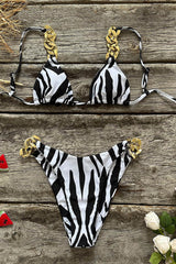 Zebra Print Triangle Gold Chain High-Cut Bikini Set