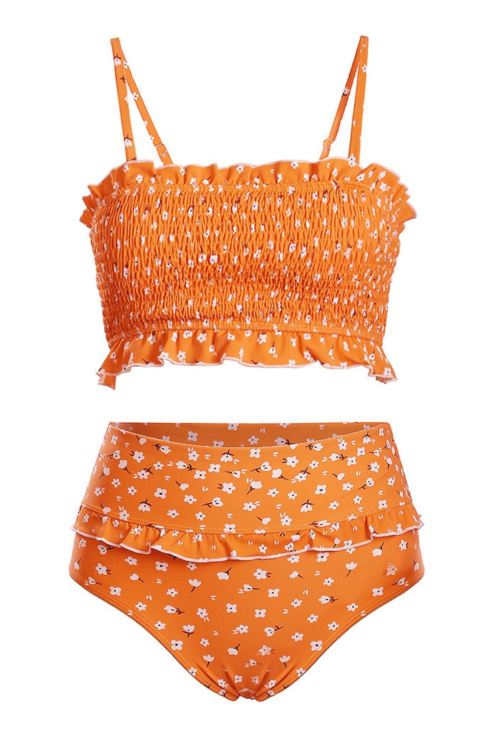 Orange Floral Smocked Ruffle Trim Bandeau Bikini Top