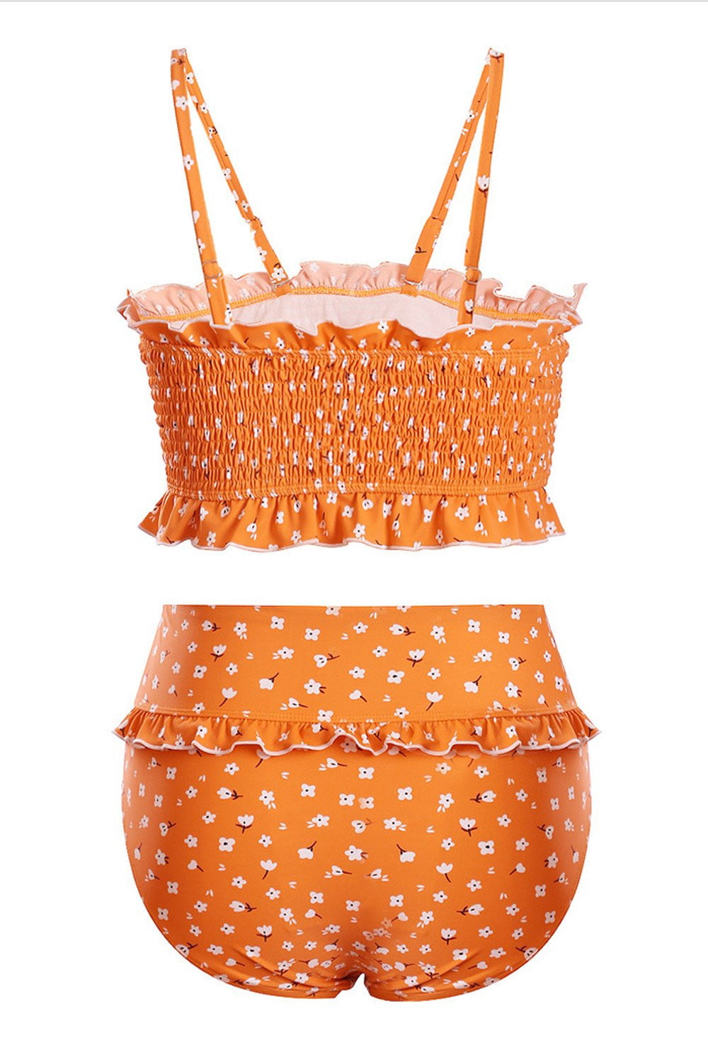 Orange Floral Smocked Ruffle Trim Bandeau Bikini Top