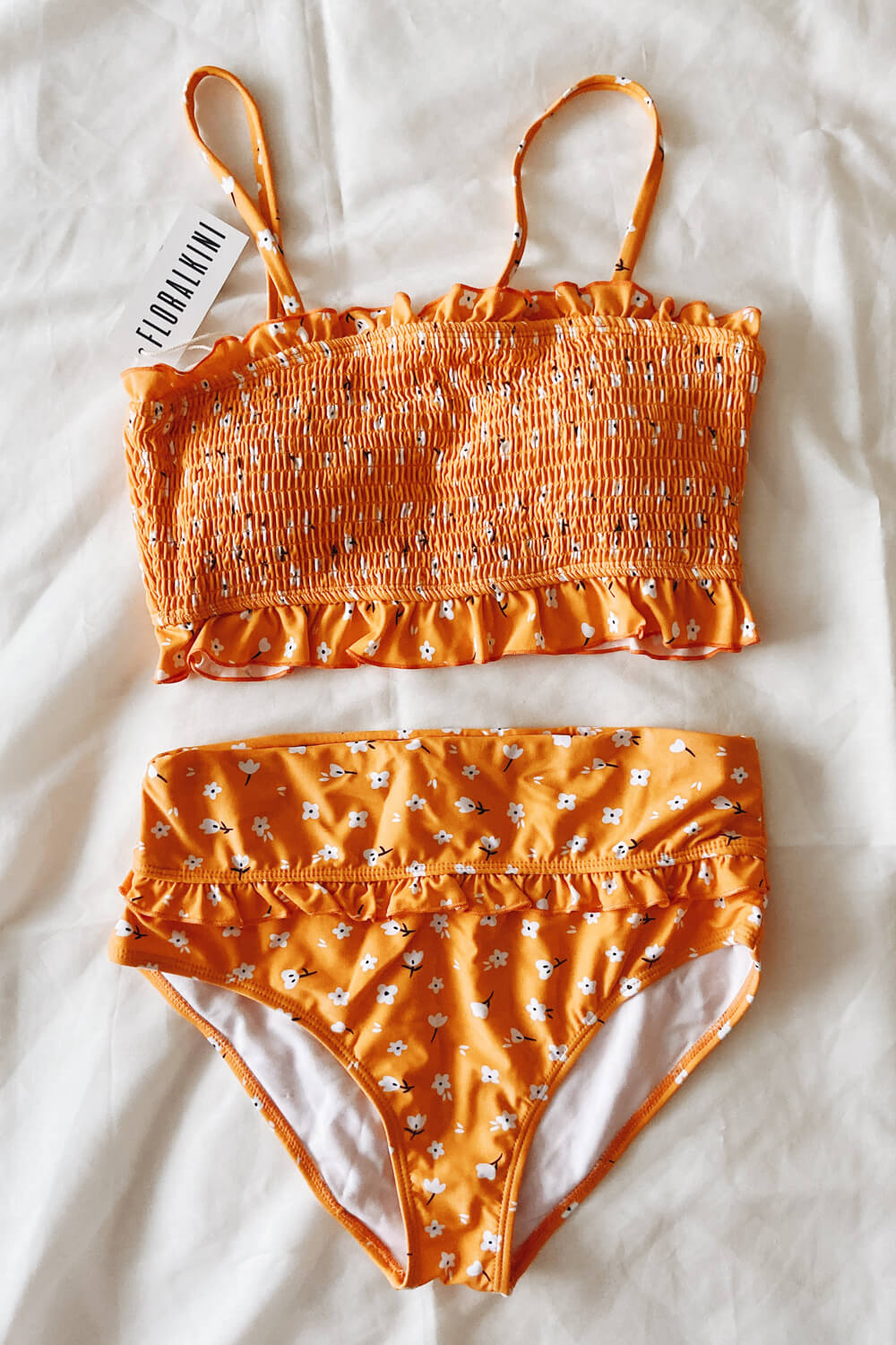 Orange Floral Smocked Ruffle Trim Bandeau Bikini Top